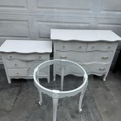 3 pc: large wood 3-drawer dresser $55, 3-drawer w/ cabinet $50, round console/ entry table w/glass top $25 