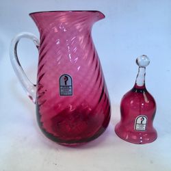 Pilgrim Glass Cranberry Pitcher & Bell Set-Bell has very small hairline crack not visible from front & doesn’t affect use