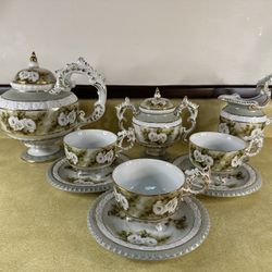 Complete Tea Set. Roses on Sage Green & White w/Gold Accents, Footed, Victorian