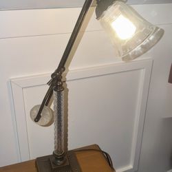 VINTAGE MCM Brass & Crystal Industrial lamp table desk 1950s