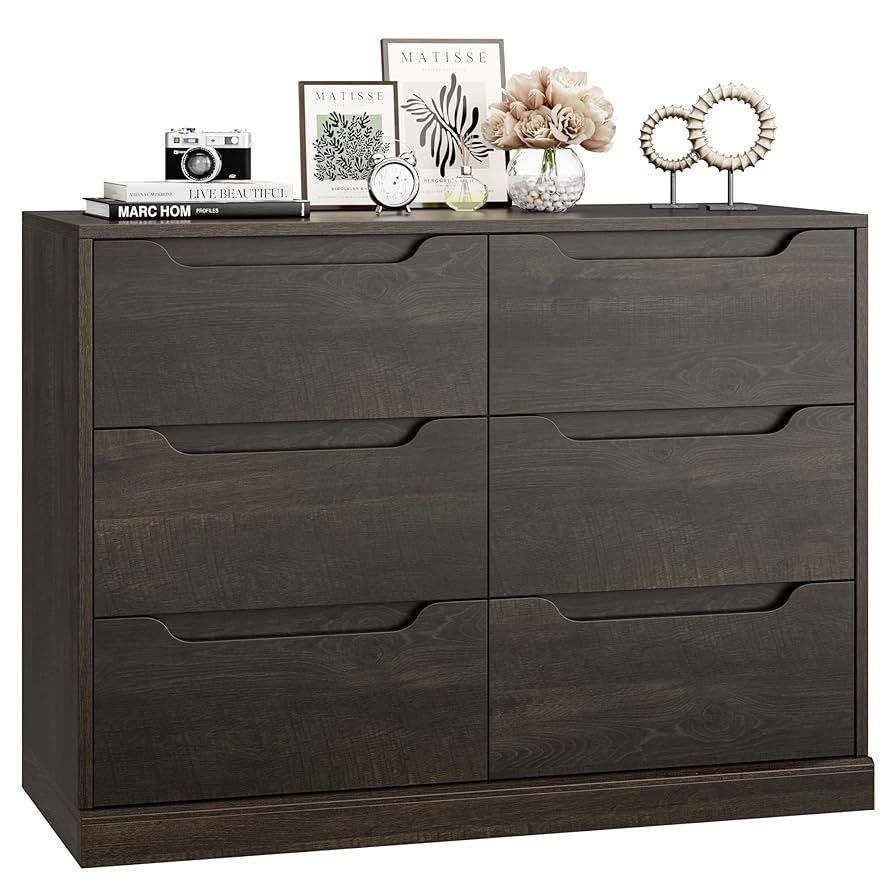 Modern 6 Drawer Dresser for Bedroom, Double Chest of Drawers with Storage, Large Wooden Storage Dresser Organizer with Cut-Out Handle, Accent Storage