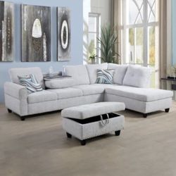 NEW White Gray Sectional Sofa Couch Include Cup Holders, FREE Storage Ottoman And 2 Pillows 