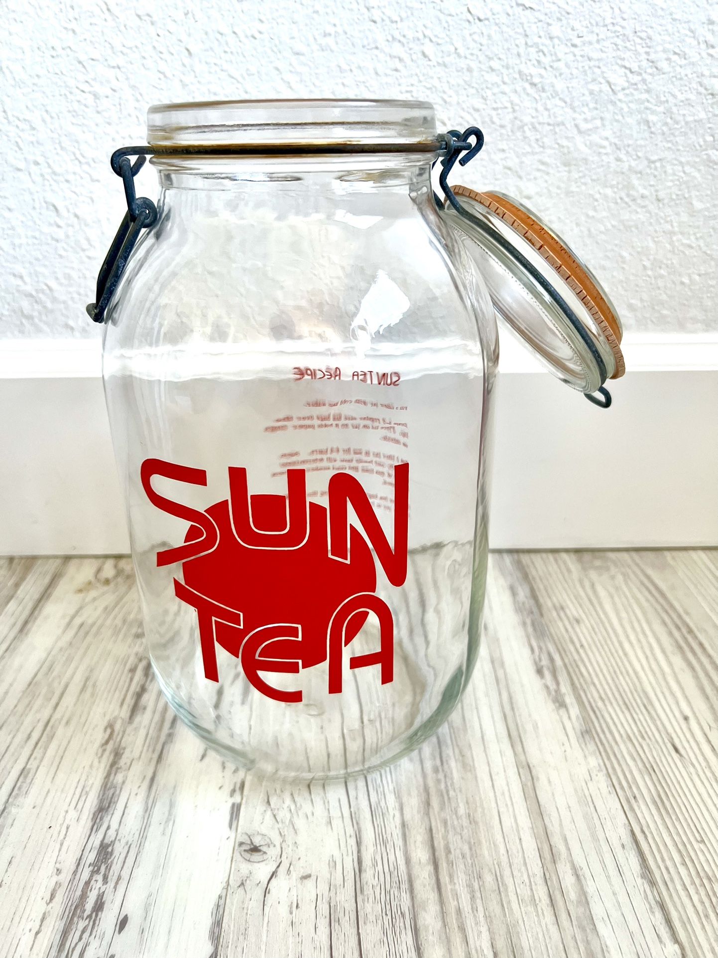 PENDING SALE - Sun Tea Glass Jar Wire Bail Latch Lid 3Liter Size Recipe on Jar Made in France