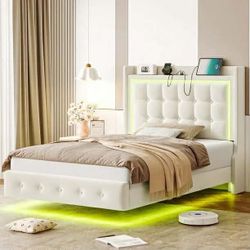 Twin Size Floating Bed Frame with RGB LED Lights Charging Station, Modern Velvet Upholstered Platform Bed Frame with Storage Headboard, Off-White
