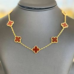 Jewelry 18K Yellow Gold Carnelian 10 Motifs red clover 17” Necklace