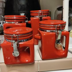 4 Red Ceramic Coffee Etc Jars