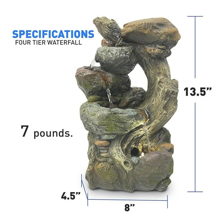 Small Decorative Waterfall Feature for Home and Office Water-Fountain, 4-Tier
Four tier waterfall, 9. 5 inches wide x 14 inches tall x 4. 5 inches