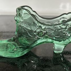 Fenton Art Glass Green Cabbage Rose Slipper Shoe with Label 5 3/4” Width