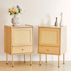 Bestco Rattan Nightstand, Boho End Table with Handmade Rattan Decorated Door, Wood Bedside Table with Storage Drawer Shelf & Metal Legs for Living Roo