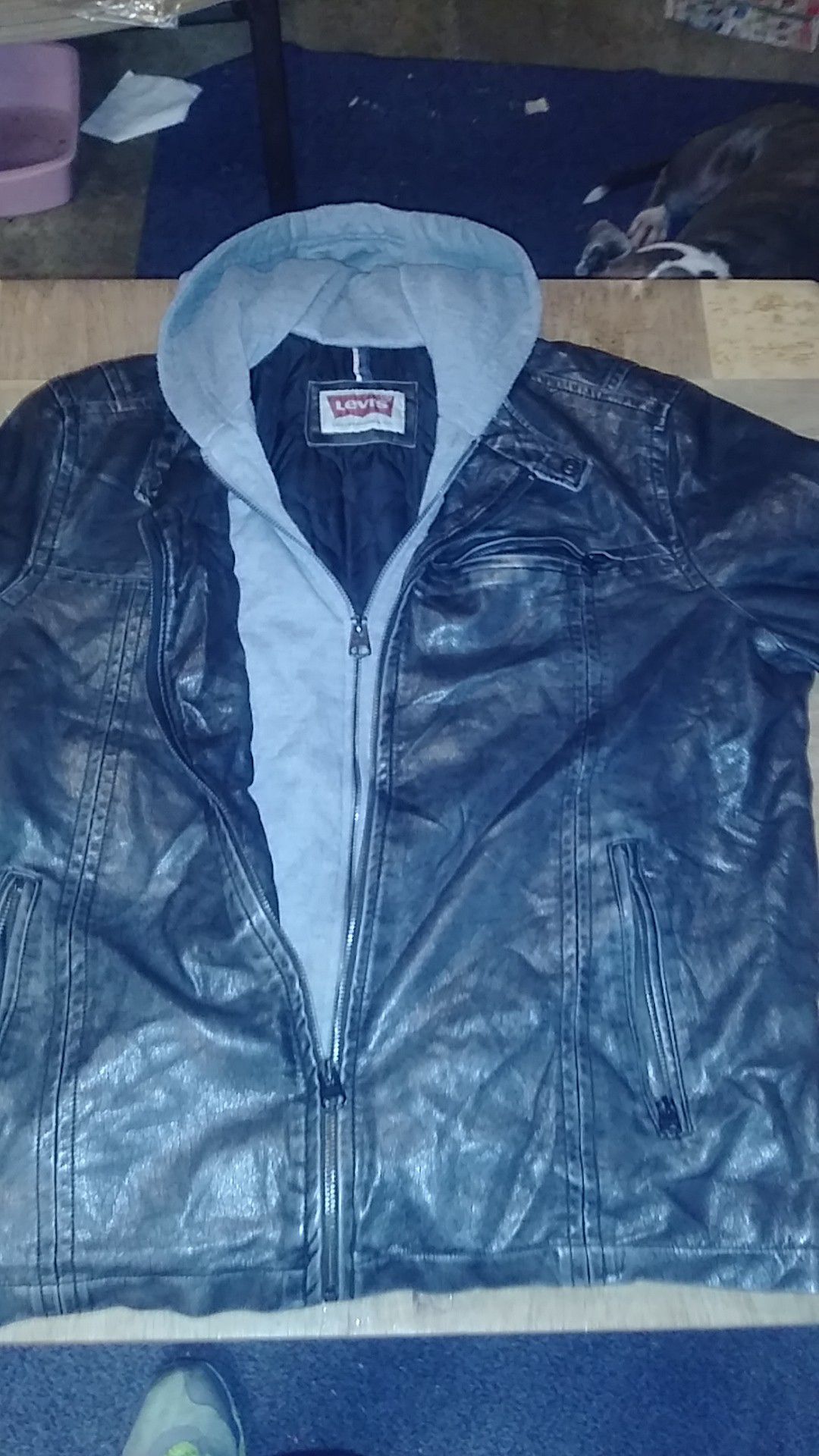 Levis leather jacket with hoodie $20. OBOsize LARGE