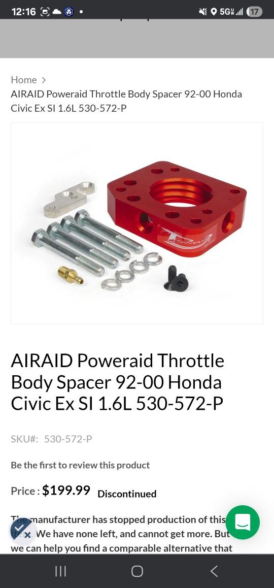 92 - 00 D16 Civic Throttle Body Spacer