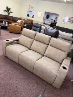 Greymel- fabric sofa with two power recliners and six USB ports