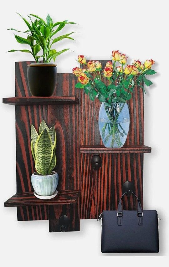 New Wooden Wall Decor with Floating Shelves and Metal Hooks