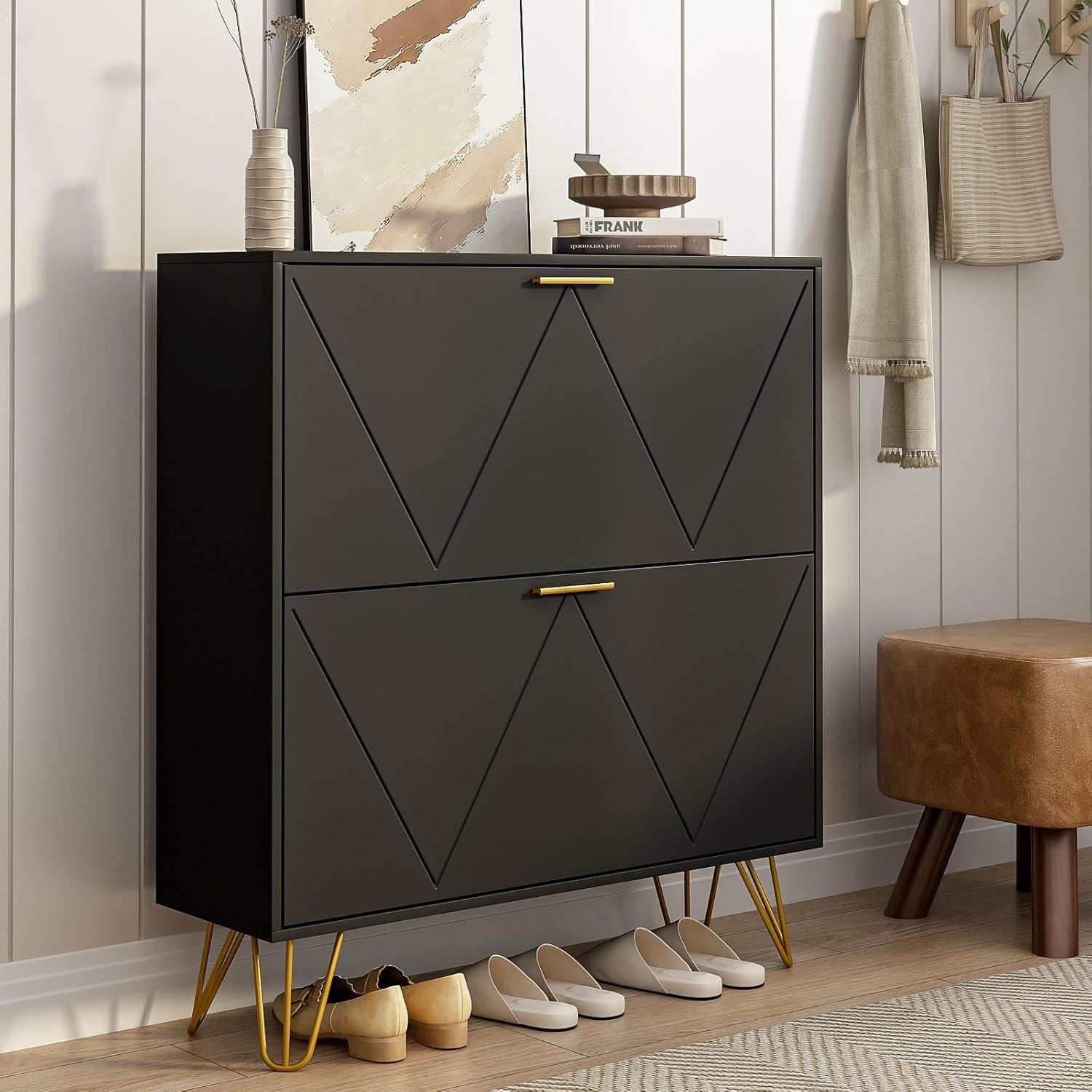 Black Shoe Cabinet Storage for Entryway, Narrow Shoe Cabinet with 2 Flip Drawers,Freestanding Organizer with Fluted Panel for Living Room, Bedroom, Ha