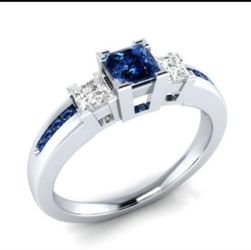 NEW Ladies Princess Cut Blue And White Sapphire Sterling Silver Ring Size 9