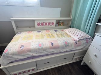 Twin Bed frame with storage and side shelf solid wood white and pink