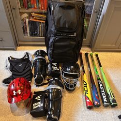 Baseball Catcher Helmet Roller Bag And Bats Easton Rawlings UnderArmour 