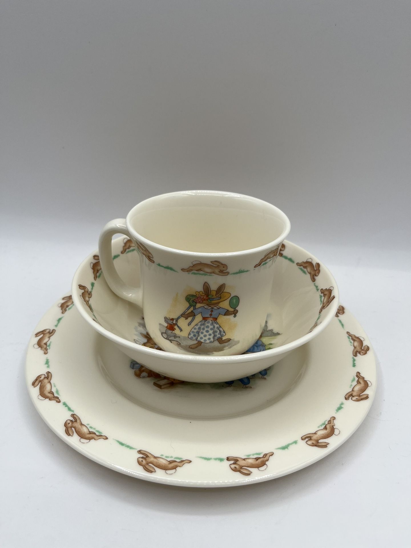 Vintage Royal Doulton Bunnykins English Fine Bone China Plate, Bowl & Cup. Made In England