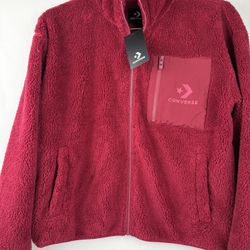 Converse Sherpa Fleece Jacket Womens L Full Zip Burgundy Red Soft Warm NWT
