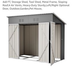 4x8 FT, Storage Shed, Tool Shed, Metal Frame, Sloping Roof,4 Air Vents, Heavy-Duty Sturdy,Left/Right Optional Door, Outdoor,Garden,Pet House,