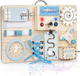Wooden busy board with LED for toddlers (12 mo+)