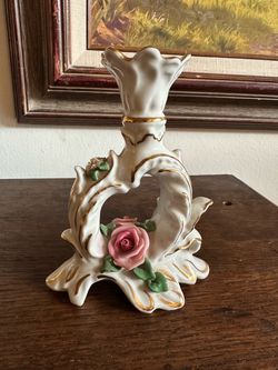 Porcelain Candlestick Holder with Rose Detail