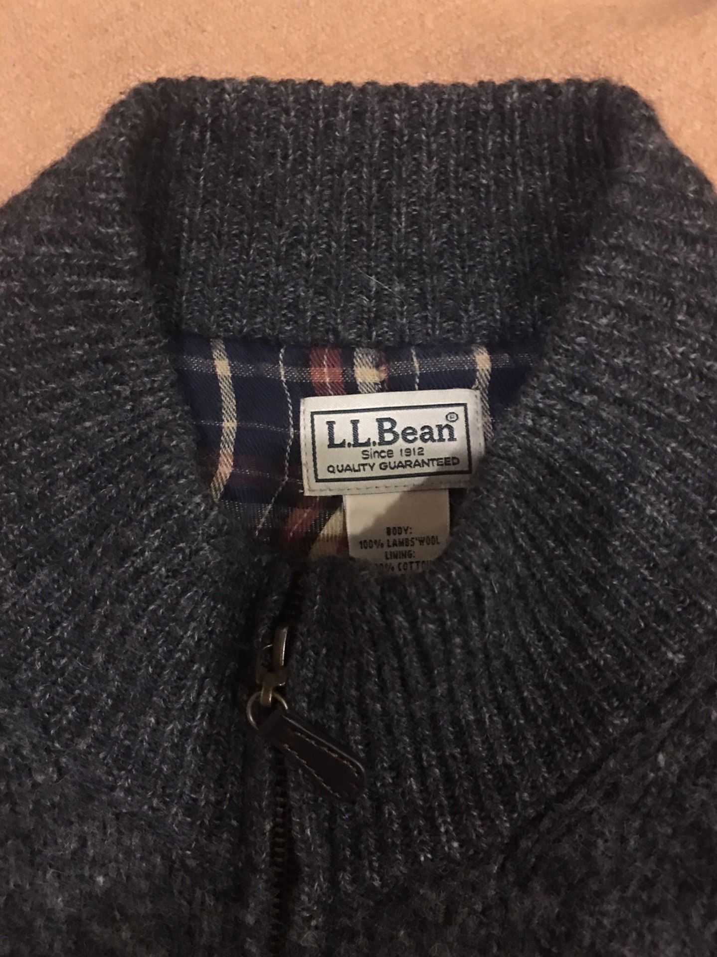 100% Lambswool LL Bean cardigan sweater plaid lining