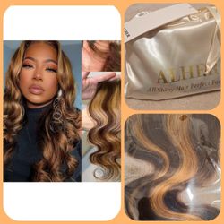 ALHER 4/27 Honey Blonde Highlight 3 Bundles with 4x4 Lace Closure Body Wave (22 24 26 + 20), Balayage Ombre Brown Bundles with Closure Human Hair Sew 