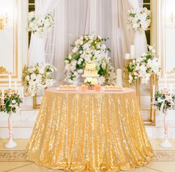 B-COOL Gold Tablecloth Party Decoration: 120 Inch Round Table Cloth Sequin Fabric Overlay For Outdoor Dining Cocktail Parties
