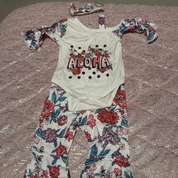 Toddler Baby Girls Letter Flower Print Slant Shoulder Flared Long Sleeve Suspender Triangle Romper + Flared Trousers With Headband Set