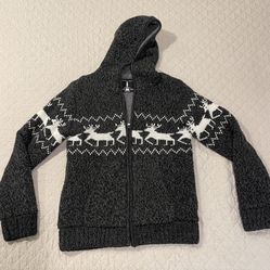 Buffalo Fair Isle Sweater Jacket Mens S Full Zip Gray Reindeer Faux Fur