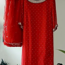 Pakistani Indian Woman's 2  Piece Red  Chiffon Beautiful Heavy Work Party Wear See Description 