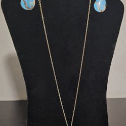 Set Of 2 Vtg Teal Glass Silver Tone Metal Pendant Necklace Aqua Silver Earrings 