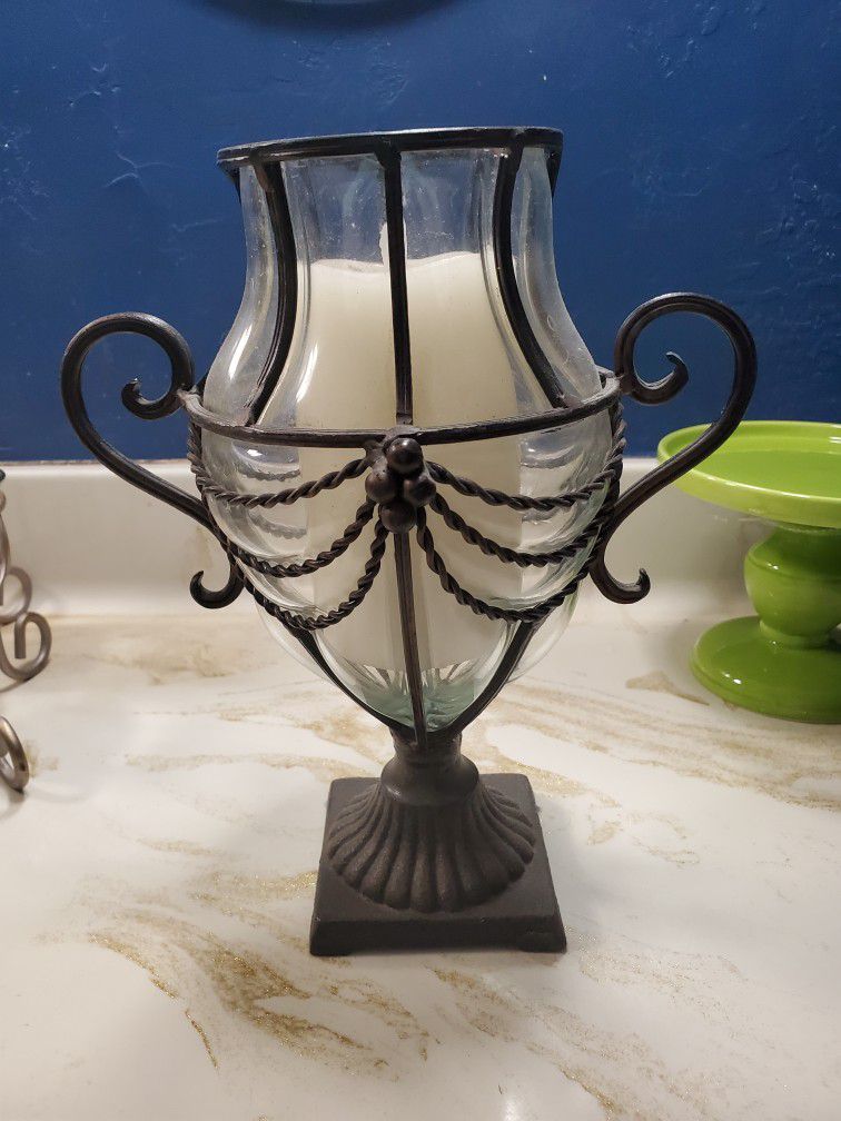 Glass Blown & Iron  Urn Style Vase