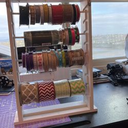 Wooden Ribbon Holder And Misc. Ribbon, Stands Free Or Hangs On Wall