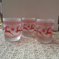 Culver Signed Mid-Century Red Christmas Sweater Double Old Fashion Glasses (Set of 3)