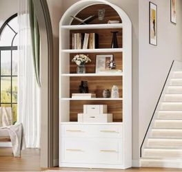 J0386 76.8" Arched Bookcase, 5-Tier Modern Bookshelf Display Shelf with File Cabinet Drawer
