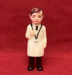 Vintage cake topper doctor Dr in white coat with stethoscope plastic 4” tall