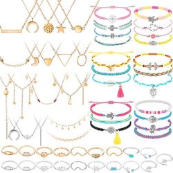 Batiyeer 60 Pcs Christmas Surfer Wave Friendship Bracelet Layered Choker Pendant Necklace Adjustable Multilayer Chain Bracelet Anklets Knuckle Rings f