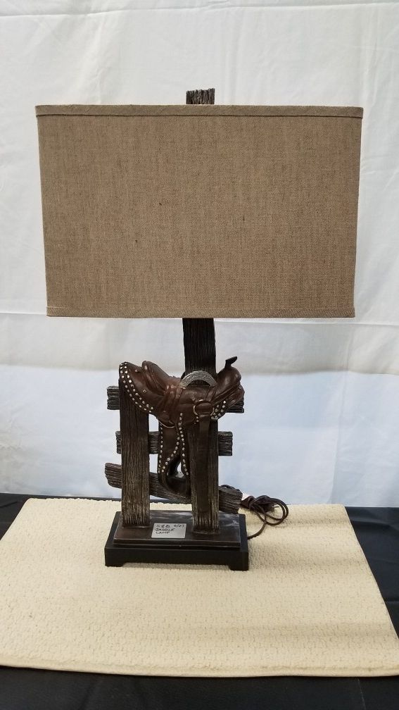 Very cool western saddle table lamp with rectangular linen shade