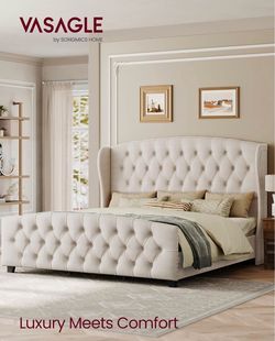 King Platform Bed Frame, Upholstered, Wooden Slats Tall Wingback Tufted Headboard and Footboard, No Box Spring Needed, Cappuccino Beige, URMB884W01