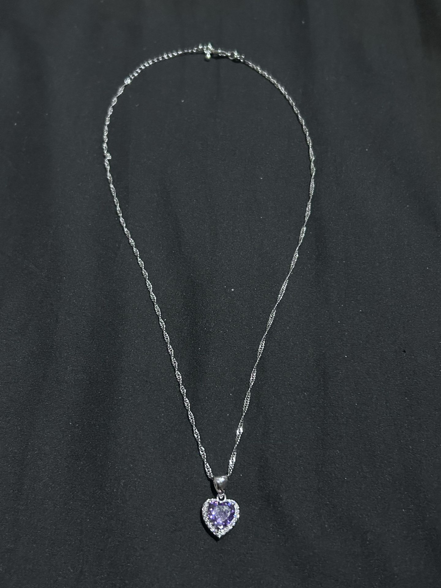 Sterling Silver Necklace. Purple Heart CZ Pendant