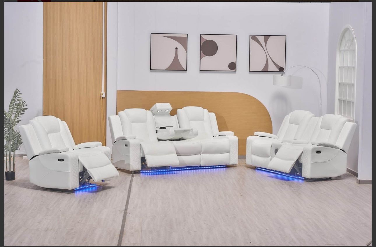 New White Leather Power Recliner Sofa & Love Seat With Bluetooth Speakers, LED Lights, Charging & More!