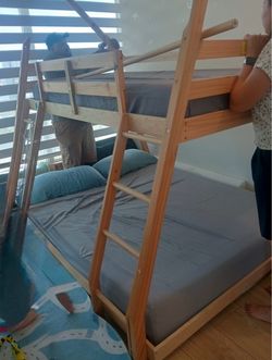 Twin over queen floor bunk bed frame with ladder