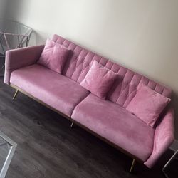 Pink Futon With Gold Trimming. Comes With Loveseat And Leg Chair