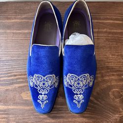 Prom/Wedding - Mens Emperor Blue/Gold Embroidery Dress Slip-On Oxford 
