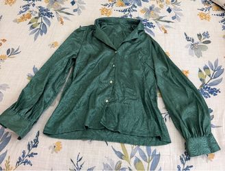 Green Satin Jacquard Button-Up Blouse