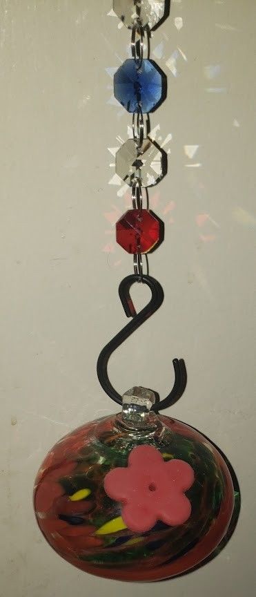 Stained Glass with Decorative Jeweled Chain Décor Hanging Hummingbird Feeder, 4-6 oz