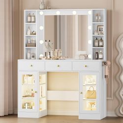 New Makeup Vanity Desk with Mirror and Lights, White Vanity with Glass Top, LED Lights & Power Outlet, 3 Drawers & 2 RGB Glass Cabinets, Adjustable Li