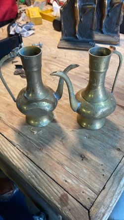 Set Of Two Small Brass Etched Teapot Pitcher Missing Top